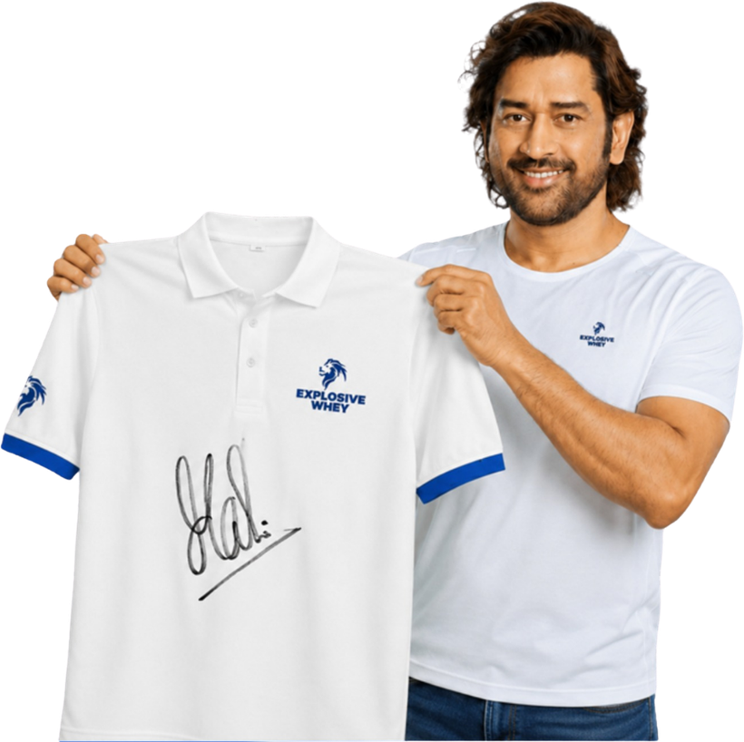 MS Dhoni with a signed Explosive Whey polo